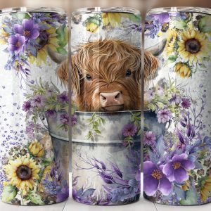 Highland cow in bucket with sunflowers and purple flowers 20oz tumbler